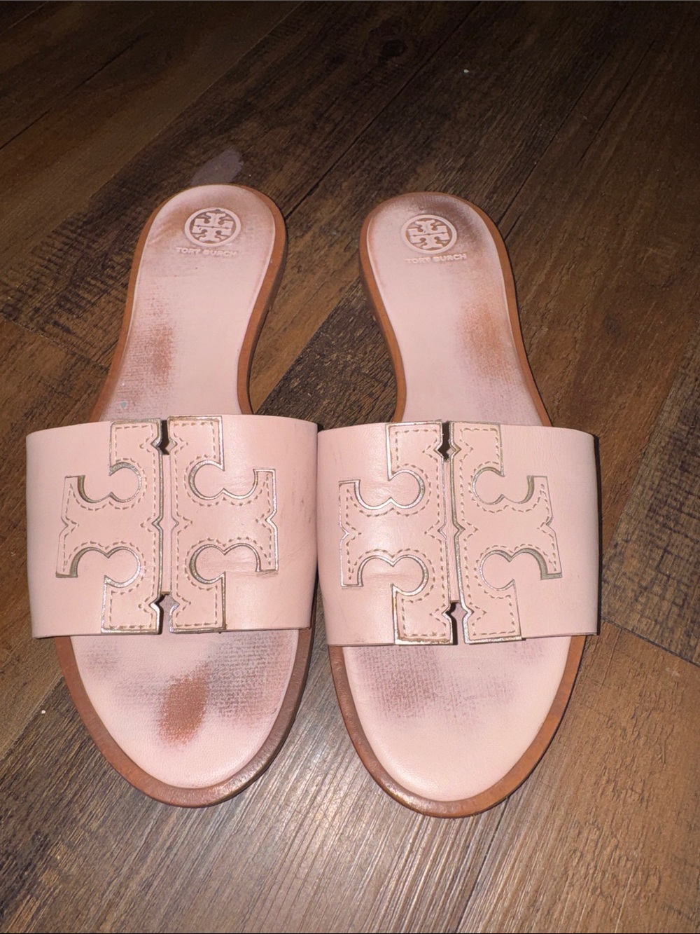 Tory Burch Blush Pink Leather Logo Slide Sandals